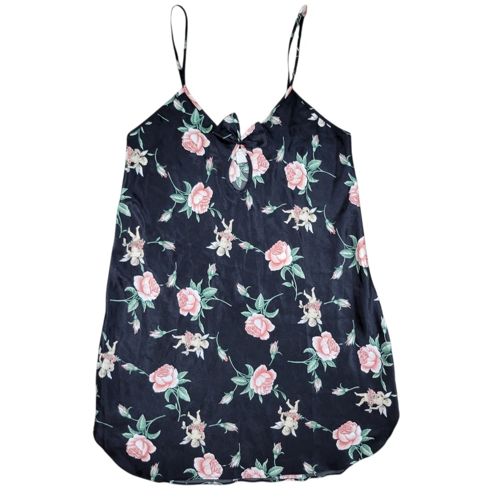 Vintage Satin Slip Dress Womens M Black Floral Cherub Mini Coquette 90s Romantic